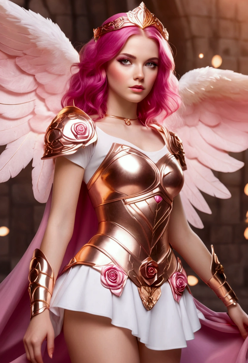 Adorable fair skinned pink haired magenta eyed European and slender young Angel woman pink gold rose gold color warrior princess themed outfit