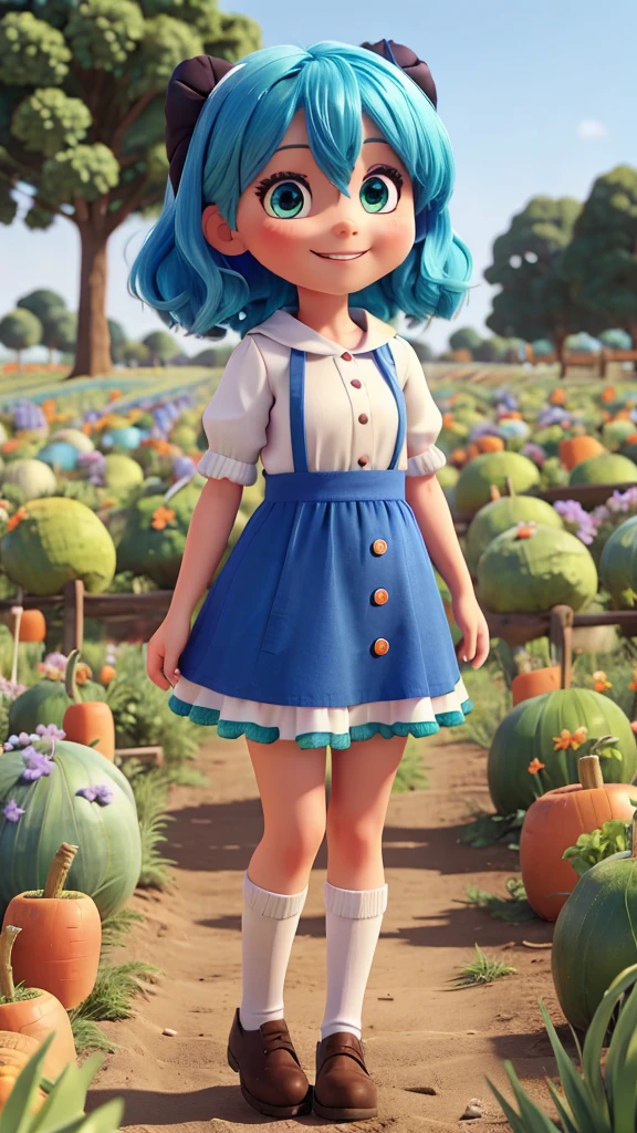 Happy blue hair is in the carrot field green eye with cute little outfit