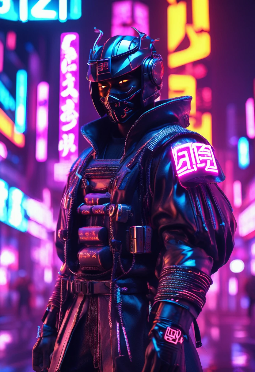 a black samurai in a cyberpunk city with neon lit 3d Japanese alphabets in air floating around him, cinematic scene, 32k, ultra HD with beautiful cinematic lighting ultra HD, hyper-realistic images, 32k, beautiful and vibrant images.