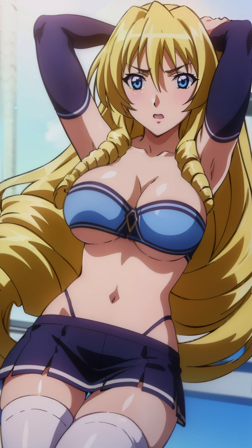 (tube top, cleavage, underboob, purple tube top, strapless, navel, midriff,  miniskirt, bare shoulders, armpits, detached sleeves, white thighhighs, sexy pose),
Himeno Ryuguuji, blonde, blue eyes, one girl, 20 years, young woman, beautiful fingers, beautiful long legs, beautiful body, beautiful nose, beautiful character design, perfect eyes, perfect face, expressive eyes, perfect balance,
highly detailed CG unity 8K wallpaper, perfect lighting, colorful, white skin,
(masterpiece, best quality, high resolution, 8k:1.2), highly detailed, photo, 8k, high resolution, Kodak portrait 400, film grain, lens flare, (vibrant_colors:1.2),(cowboy_shot:1.3), looking at viewer,