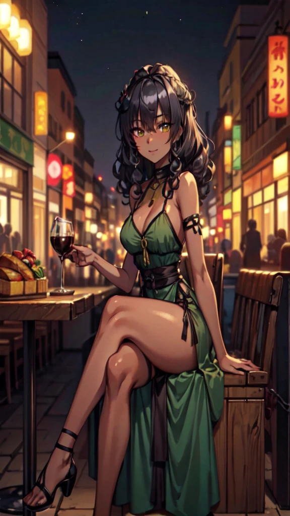 1woman, ((Black African skin, Very deep ebony skin)), ((kinda curly hair)), alone, pretty face, full body, standing, (short dress, with strap), (green colored dress), (thin silver cord with emerald pigment around the neck), thin waist, athlete legs, sexually, 21 years old, anime style, happy/happy, evil smile, brown, serious eyes, ripped abdomen, breasts, high resolution, ( sitting, with legs crossed in a restaurant), (restaurant, night)
