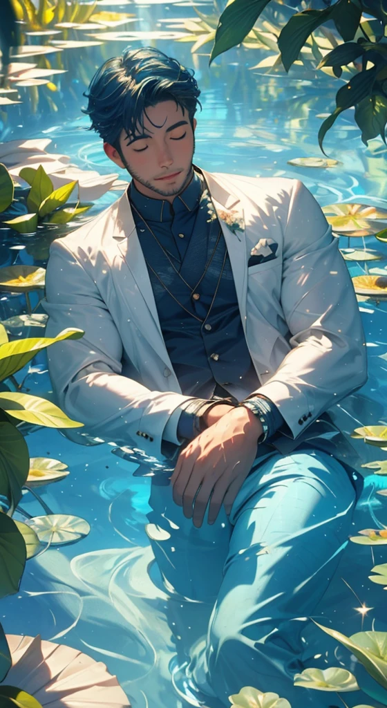Lying and floating in the water, Eyes closed, The water surface is covered with plants, Overall clear image, A transparent god, Beautiful blue image, Monet, chromatic aberration, cinematic lighting, fisheye, UHD, high details, best quality, highres, 8k
