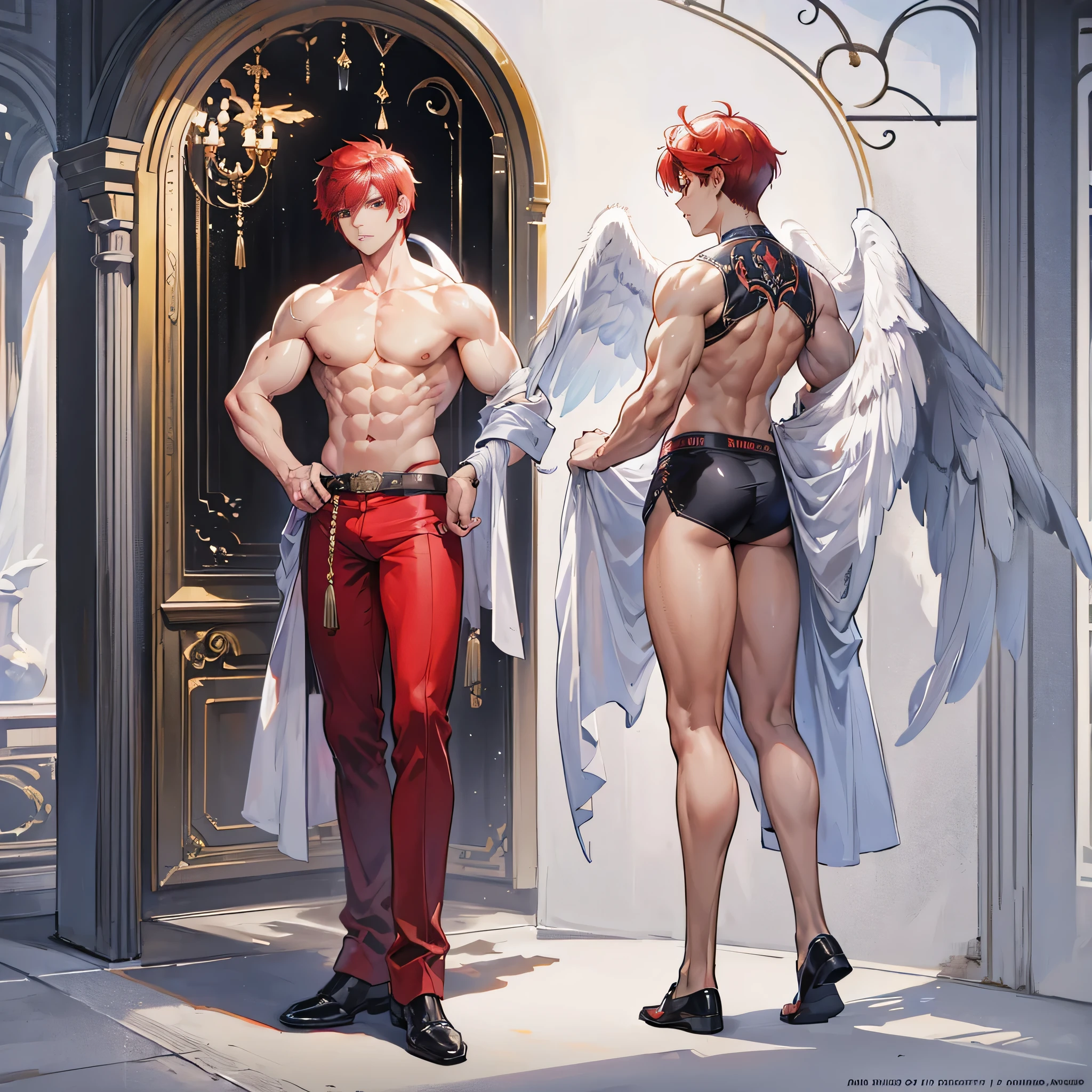 (Masterpiece, best quality), detailed, 1 man, ((character concept art)), ((character design sheet, same character, front, side, back)), full body, body complete, 1 Male angel, 1 Man angel, Detailed face, character design sheet,full bodyesbian, Highly detailed, character sheet, character design, Many parts, dark skin, angel wings, short red hair, angel outfit, muscle male god, male clothes, masculine, muscle man, male muscle, manly, male angel, Muscle male short red hair,beautiful man, beautiful muscle man, abs, pectoral muscle