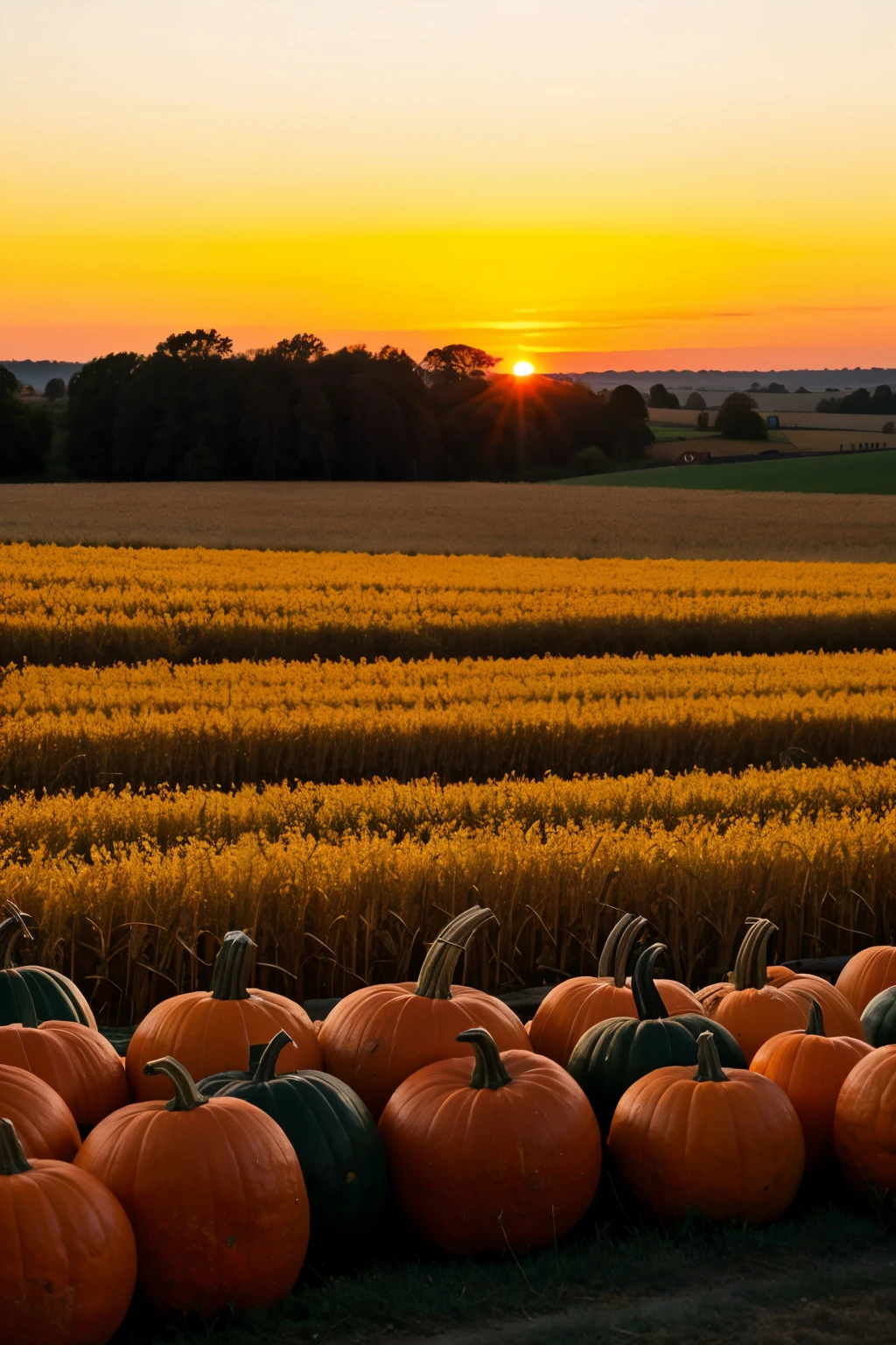 a sunset with a cornfields and pumpkins