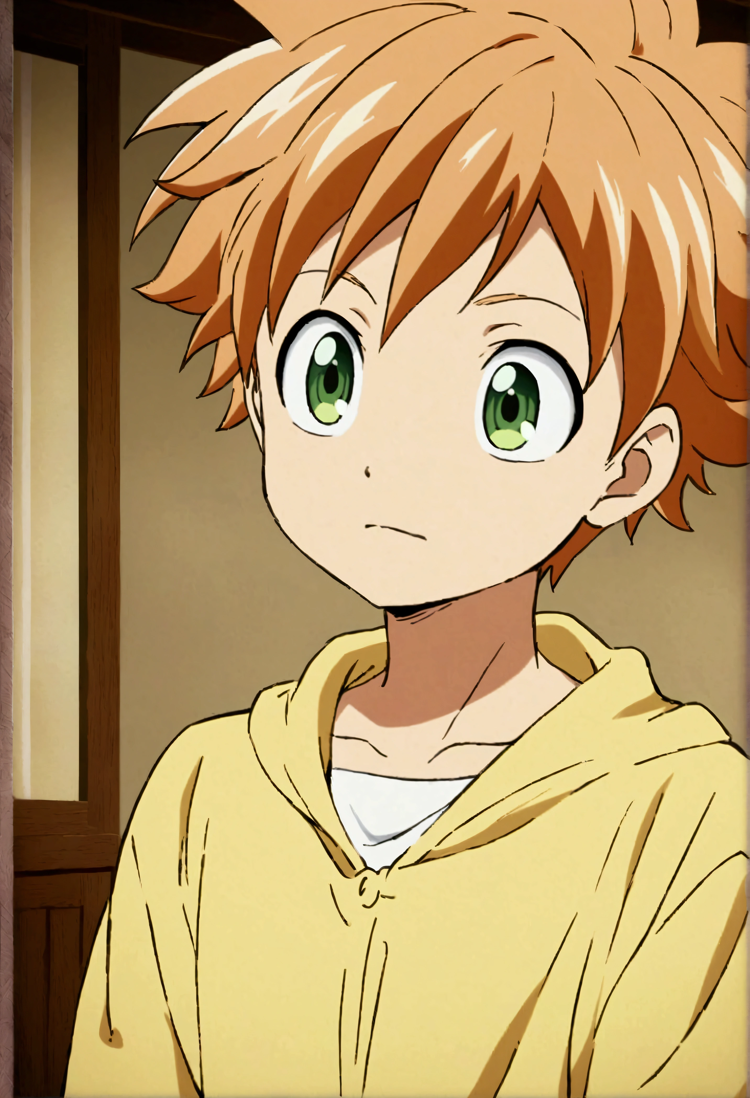 He is a 10 year old ???, He has slightly disheveled very ginger hair..., somewhat light green eyes, cute ??? , fairy tail anime art style