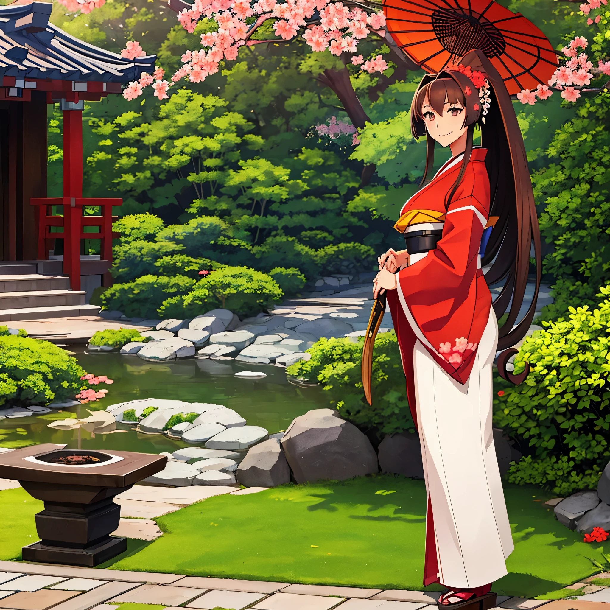 A woman wearing a white kimono, long-sleeved kimono, long-skirted kimono, red flower designs on the kimono, large breasts, wearing earrings with the Japanese red sun flag, brown hair, long hair, ponytail hair, flowers in her hair , brown eyes, perfect face, perfect eyes, smiling, standing posture, wooden shoes, on a stone sidewalk, Japanese garden location with traditional Japanese gazebo, trees in the background, lawn, daytime location, Kantai_Collection, IJN_Yamato, close view, alone woman.
