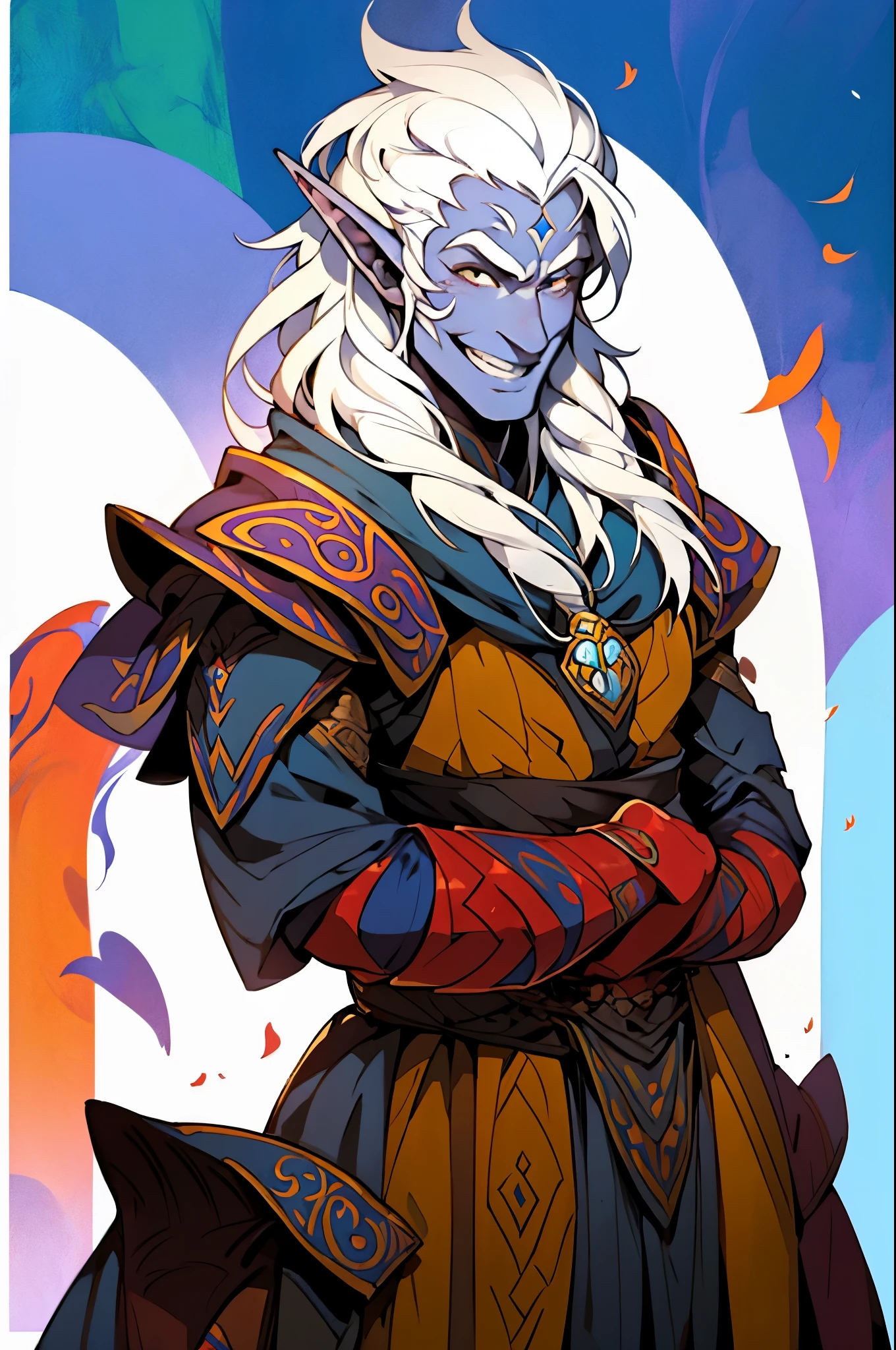 King Bumi x Jester, Goofy smile, pointy ears, elf, mature ((((59 years old)))), white hair,