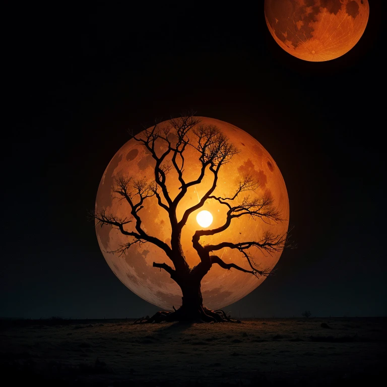 words "Tree Of Shadows" written in front of a dark and gloomy tree with thick branches and roots, with red flaming leaves, orange and yellow with the giant white moon behind surrounding the image in a circle.