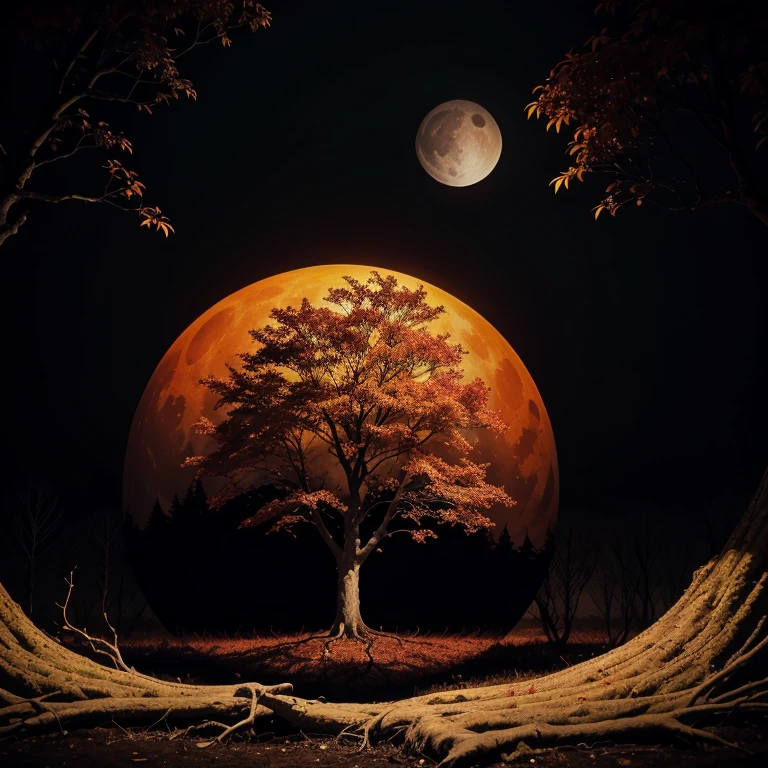 words "Tree Of Shadows" written in front of a dark and gloomy tree with thick branches and roots, with red flaming leaves, orange and yellow with the giant white moon behind surrounding the image in a circle.