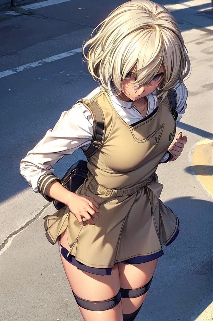 (Anatomically correct,),Skin Texture, Lightly tanned skin,alone,woman,(Wavy Hair,Blonde),(panties), (school uniform:1.5),