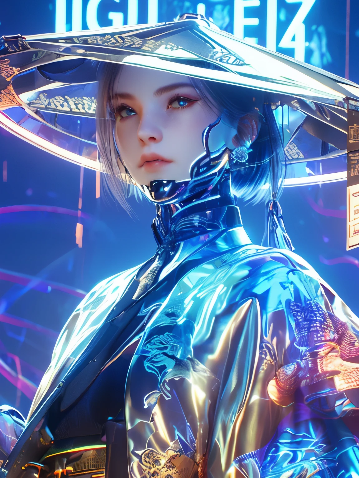 showy, Neon lights, pink, yellow babye payment, white, cyberpunk beauty ,1 girl, artist name ,black fur ,blue eyes, layer ,Closed mouth ,copyright name, glowing, has, jewelry ,Lips ,looking at the viewer, magic, magic circle, collar ,Neon lights, ofuda ,outdoor, short hair, Alone, Upper part of the body ,bamboo has ,cyberpunk, 3D, Neon light, Bagua ,Tai Chi ,future technology ,glow, glow effect ,High detail ,Best Quality, Tang Dynasty clothing, Hanfu