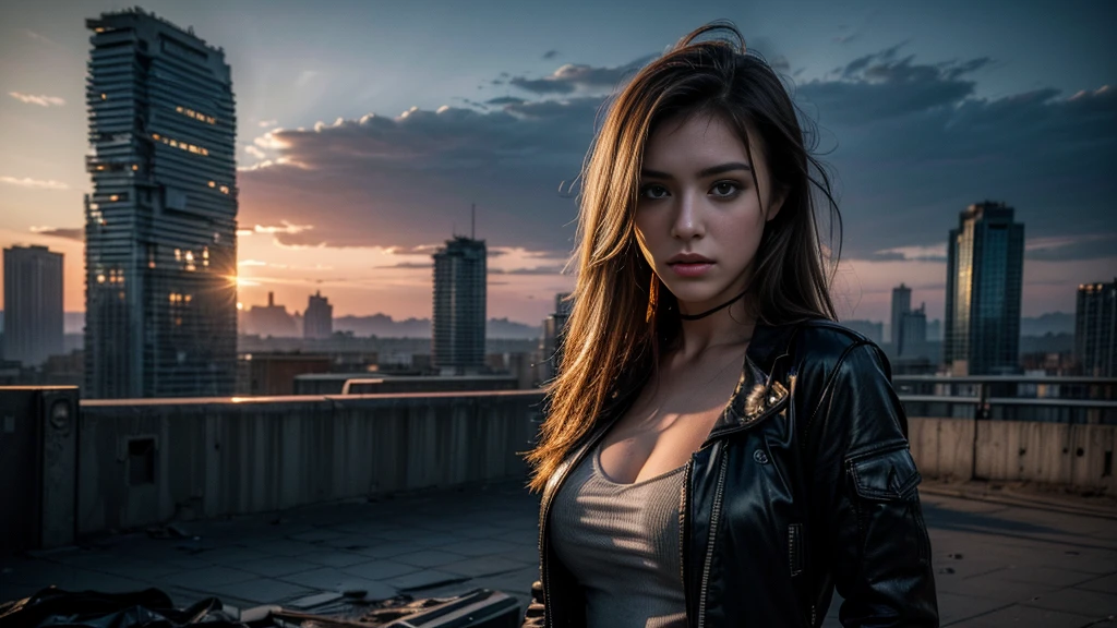 ((masterpiece, best quality, Highest image quality, high resolution, Reality, RAW photos, 8K)), Future city ruins，The post-nuclear world，Beautiful girl，Broken clothes，Pretty face，Closed mouth，dramatic，Mid-range portrait，dusk