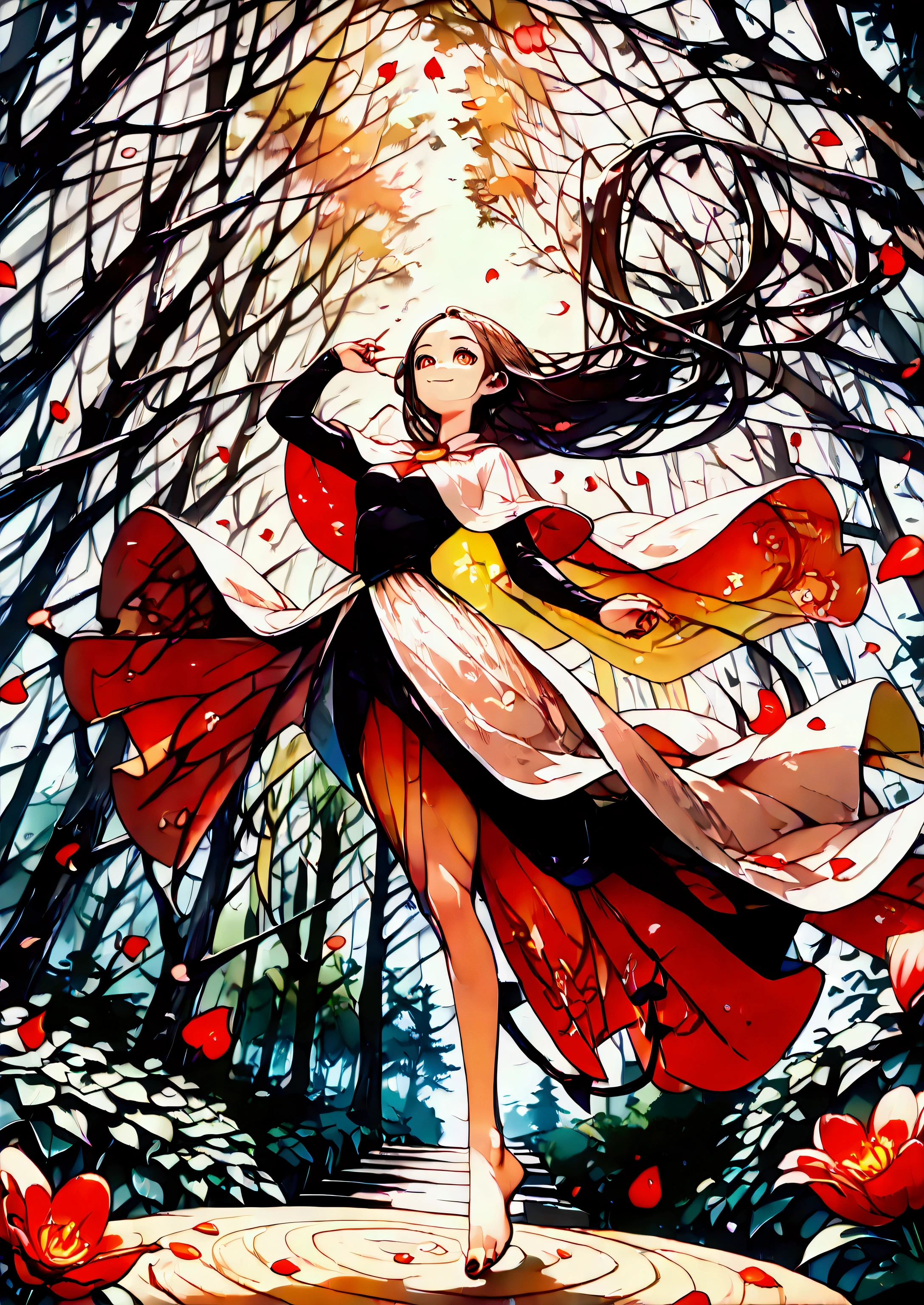 hzk,quality\(8k,wallpaper of extremely detailed CG unit, masterpiece,hight resolution,top-quality,top-quality real texture skin,hyper realisitic,increase the resolution,RAW photos,best qualtiy,highly detailed,the wallpaper,cinematic lighting,ray trace,golden ratio\), BREAK ,(solo),1girl\((devil:1.6),cute,(dancing:1.4),evil smile,long nail,orange eyes,(looking down herself:1.3),wearing capelet\((very big:1.5),(very long:1.3),(traditional_patterned:1.2)\)\), BREAK ,refreshing mood,(petals\(colorful,beautiful,in the air,big amount\):1.5),(stream of the wind\(beautiful,colorful\):1.5),(dead trees:1.3), in the forest,dappled sunlight