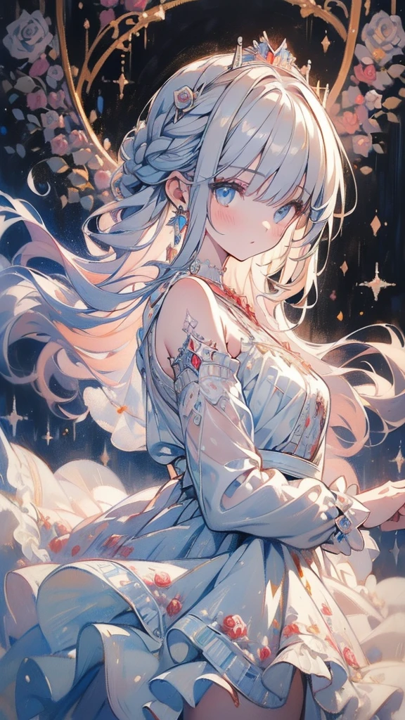 (masterpiece:1.5), (ultra quality), 8k, high resolution, super fine illustration, 
perfect anatomy, 
(1girl), 独奏, delicate beauty girl, (ars_old girl:1.2), silver hair, extreme long hair, bangs, french braid, (floating hair:1.2),
(fine detailed eyes), Blue eyes,
beautiful face, (small bast), Slender, 
(upper body), (looking at viewer),
(princess dress), (white dress), (rose embroidery:1.4),
parted lips, jewelry, earrings,
(Rose garden:1.4), castle, daylight, 
//April-sama&#39;s oil painting style word
(oil color painting art:1.6),
(soft water color:1.2),
(Pencil art:1.6),
(Delicate and beautiful details:1.6), 
ultra detailed,
