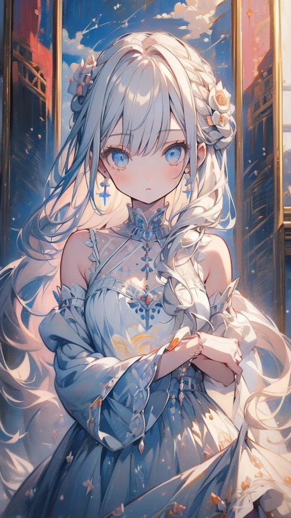 (masterpiece:1.5), (ultra quality), 8k, high resolution, super fine illustration,
perfect anatomy,
(1girl), 独奏, delicate beauty girl, (10years_old girl:1.2), silver hair, extreme long hair, bangs, french braid, (floating hair:1.2),
(fine detailed eyes), Blue eyes,
beautiful face, (small bast), Slender,
(upper body), (looking at viewer),
(princess dress), (white dress), (rose embroidery:1.4),
parted lips, jewelry, earrings,
(Rose garden:1.4), castle, daylight,
//April-sama's oil painting style word
(oil color painting art:1.6),
(soft water color:1.2),
(Pencil art:1.6),
(Delicate and beautiful details:1.6),
ultra detailed,