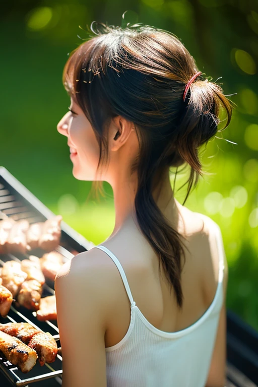 High resolution, masterpiece, Anatomically correct, Attention to detail, High resolutionモデル, One Woman, cute, Barbecue in the woods, Beautiful Japanese woman grilling meat, 28 years old, Beer in the right hand, Meat skewer in left hand, Bangs, Low Ponytail, Braided Ponytail, Look back and smile, White tank top, Skinny jeans, Fresh Green Forest, Bright sunlight, The outline of her hair shines in the backlight., Due to the reflection of the surface of the barbecue grill、Provides a good lighting effect on the face from below, whole body, Cinematic Lighting Effects, hot summer images, sense of openness, inflammation, 