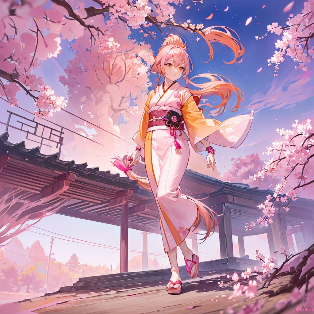 ((((Pink Hair、ponytail、Long Hair Orange eyes、Shine)))) (((Adult women、slender Rin々Funny face Cherry blossom petals))) ((Thimble gloves kimono、Long-sleeved kimono、Pink and Yellow)) (Red Shoes Belligerent Shine背景 Shine縁)