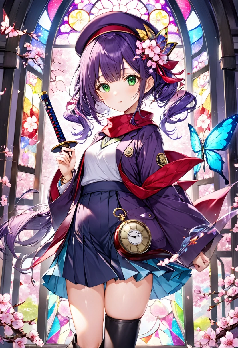 cherry blossom fairy girl、She is wearing a student cap with golden cherry blossoms on it..、There are two cherry blossom rings on the hat..、Purple Hair、Straight Bangs、Twin tails、Green Eyes、purple hakama mini skirt、Purple haori、thigh、Black long boots、Light blue butterfly wings like stained glass、Holding a Japanese sword、stand、Cherry blossoms flutter、Serious face、Pocket watch、Red scarf around the neck