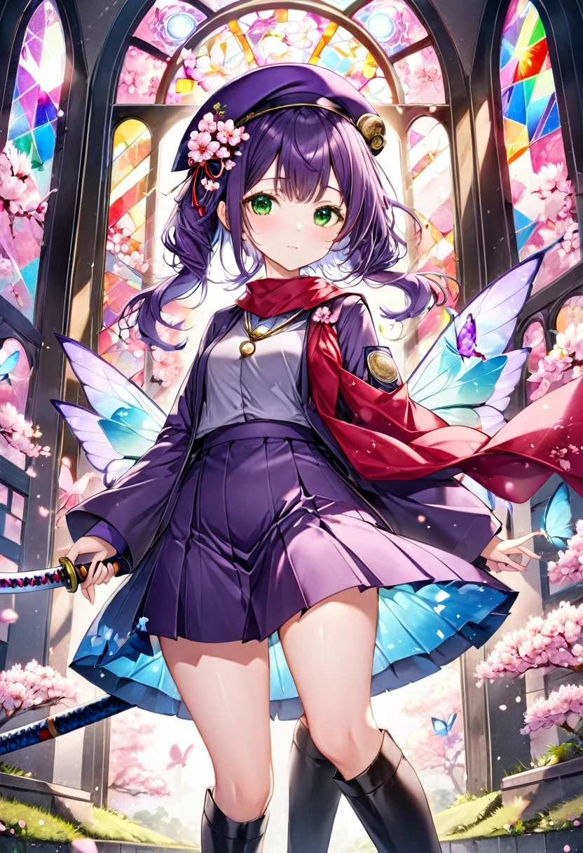 cherry blossom fairy girl、She is wearing a student cap with golden cherry blossoms on it..、There are two cherry blossom rings on the hat..、Purple Hair、Straight Bangs、Twin tails、Green Eyes、purple hakama mini skirt、Purple haori、thigh、Black long boots、Light blue butterfly wings like stained glass、Holding a Japanese sword、stand、Cherry blossoms flutter、Serious face、Pocket watch、Red scarf around the neck