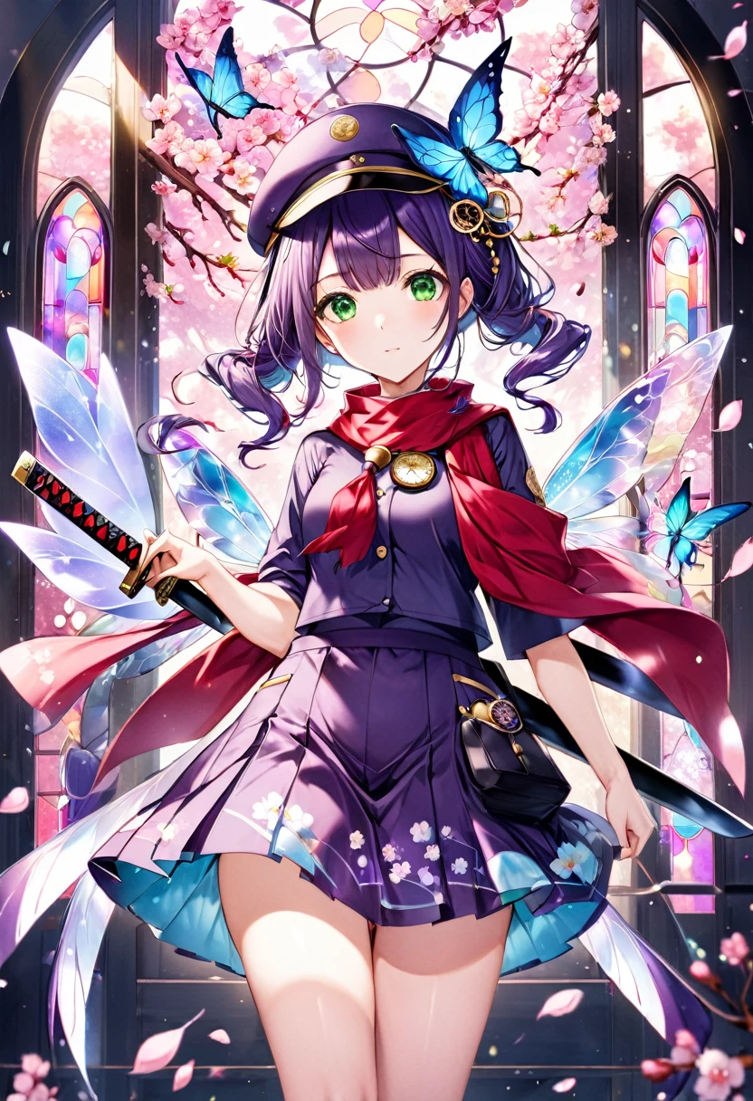 cherry blossom fairy girl、She is wearing a student cap with golden cherry blossoms on it..、There are two cherry blossom rings on the hat..、Purple Hair、Straight Bangs、Twin tails、Green Eyes、purple hakama mini skirt、Purple haori、thigh、Black long boots、Light blue butterfly wings like stained glass、Holding a Japanese sword、stand、Cherry blossoms flutter、Serious face、Pocket watch、Red scarf around the neck