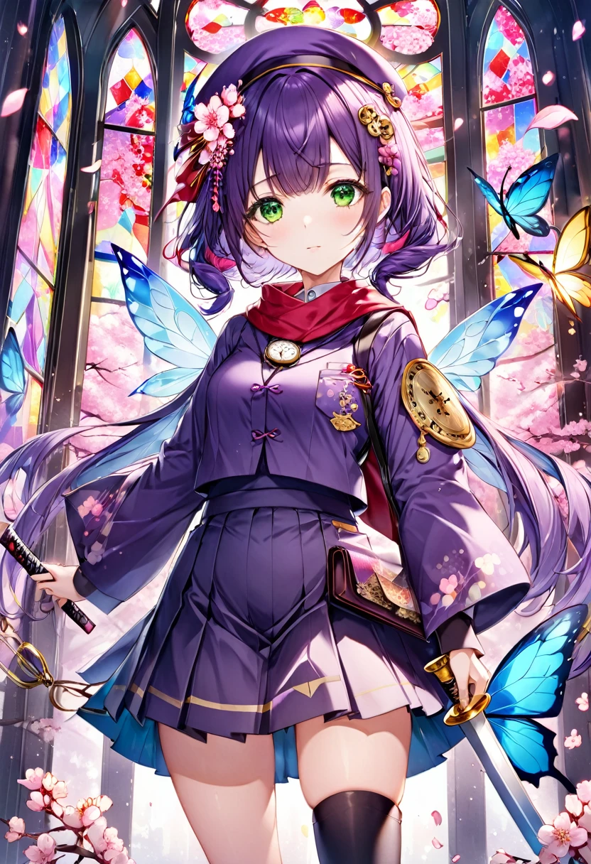 cherry blossom fairy girl、She is wearing a student cap with golden cherry blossoms on it..、There are two cherry blossom rings on the hat..、Purple Hair、Straight Bangs、Twin tails、Green Eyes、purple hakama mini skirt、Purple haori、thigh、Black long boots、Light blue butterfly wings like stained glass、Holding a Japanese sword、stand、Cherry blossoms flutter、Serious face、Pocket watch、Red scarf around the neck