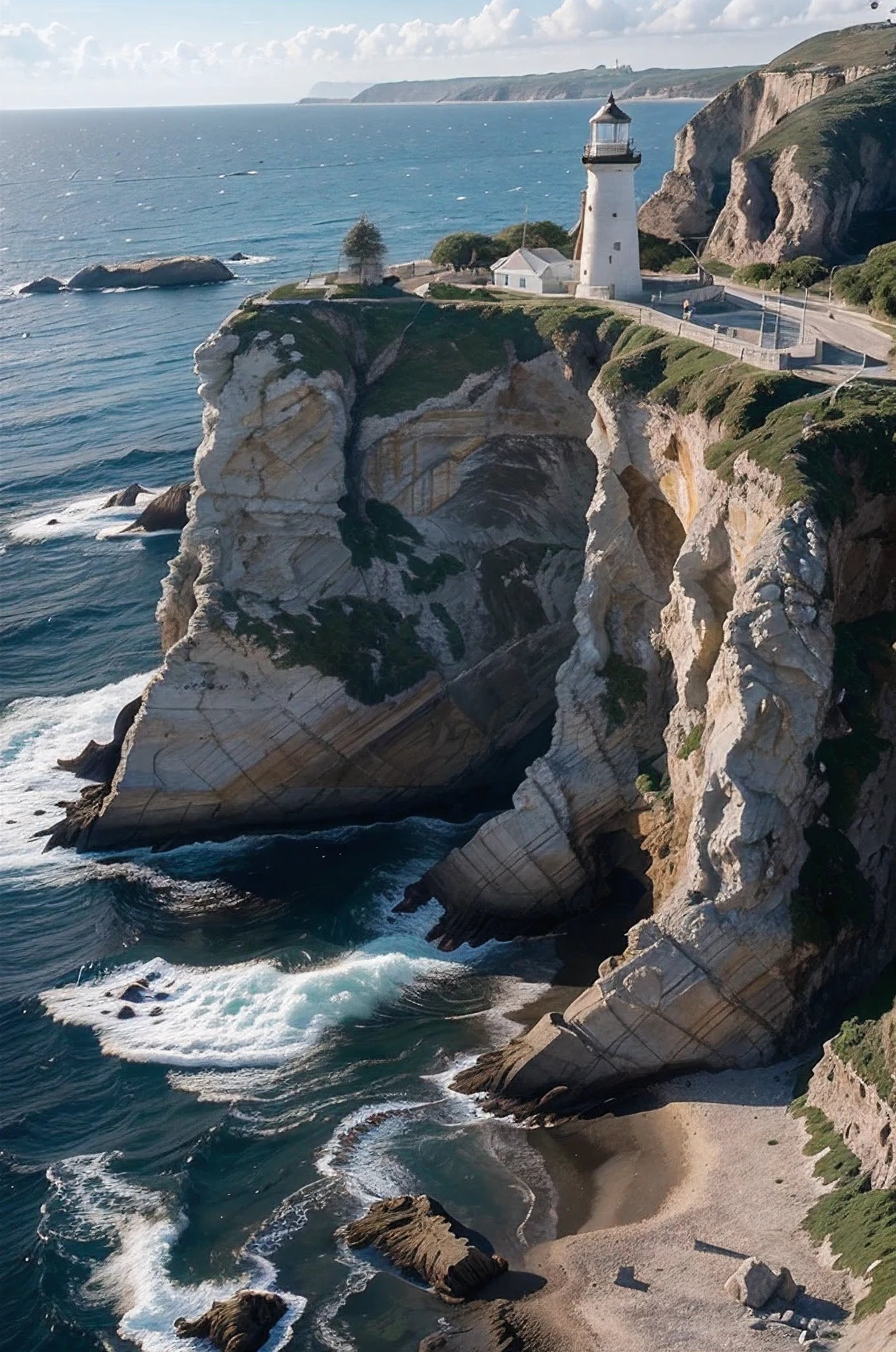 photo ultra realistic, paisaje, lighthouse on the edge of a port, Afternoon, 16:00 hours, at the foot of the lighthouse, a group of stones by the sea, small waves hitting the rocks, sunlight reflection effect on image screen, image focus with a certain distance from the headlight, with a visual point of view coming from the sky