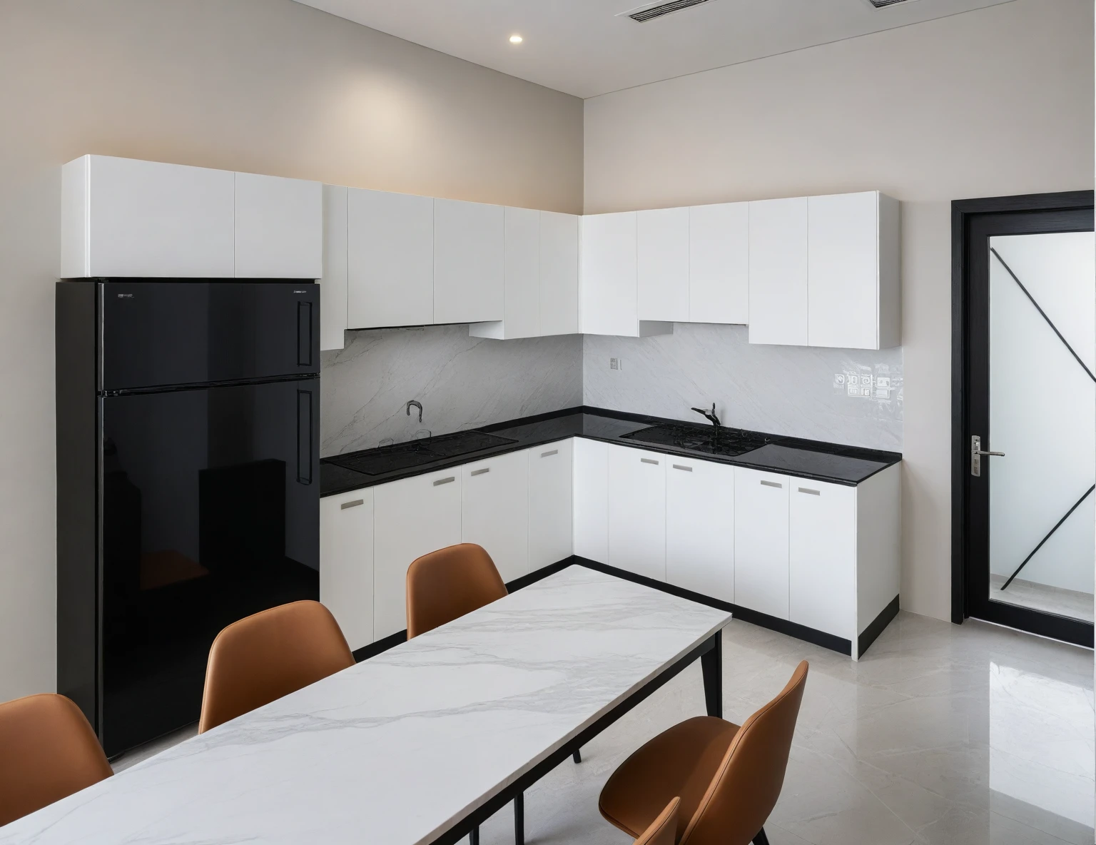 Raw photo,Masterpiece, high quality, best quality, authentic, super detail,
indoors, interior , ((kitchen and dining :1.3)), modern style, daylight, (WHITE WALL),luxury, marble tile floor, fridge, black stone counter top