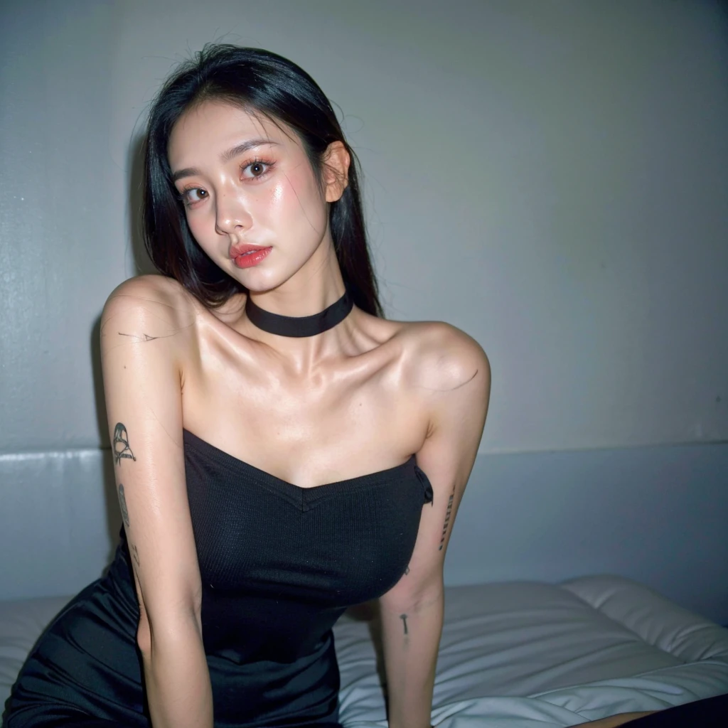 best quality, ultra high res, (photorealistic:1.4), pretty girl, strapless tanktop bra black shirt, black tight skirt, black choker, (faded ash gray hair:1), medium breasts, looking at viewer, closeup, (pretty face) , southeast asia girl. 