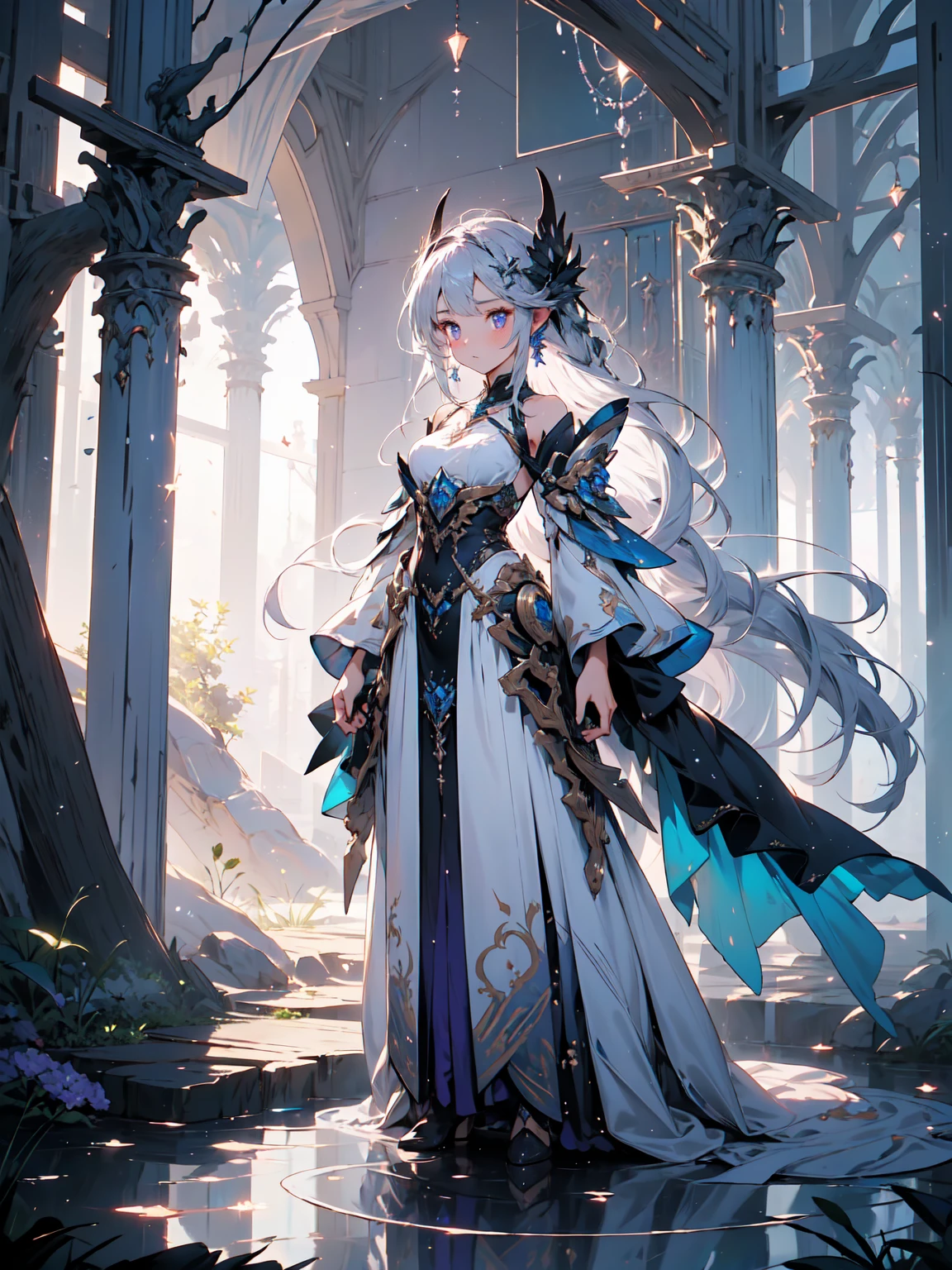 (((masterpiece, best quality, 16k)))A charming artwork of a mystical and shimmering female character in a magical, moonlit landscape. The full-body view reveals her dressed in glistening purple and silver clothes that catch the light beautifully. Despite her short height, she captivates with her enchanting presence. Her medium-length purple hair and white eyes give her an ethereal, otherworldly charm. She holds an enchanted mirror, reflecting her timid and cute demeanor.
The background is an enchanted grove illuminated by soft moonlight, with sparkling dew drops on the grass and glowing flowers. Wisps of magical energy float in the air, and a gentle stream flows nearby, creating a serene and mystical atmosphere.