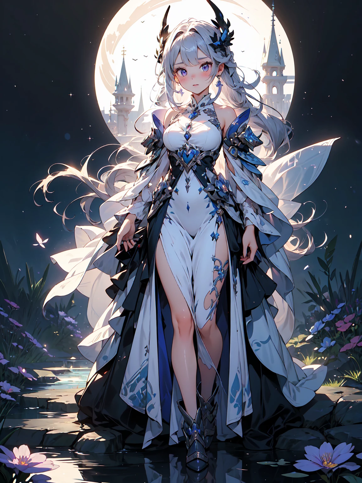 (((masterpiece, best quality, 16k)))A charming artwork of a mystical and shimmering female character in a magical, moonlit landscape. The full-body view reveals her dressed in glistening purple and silver clothes that catch the light beautifully. Despite her short height, she captivates with her enchanting presence. Her medium-length purple hair and white eyes give her an ethereal, otherworldly charm. She holds an enchanted mirror, reflecting her timid and cute demeanor.

The background is an enchanted grove illuminated by soft moonlight, with sparkling dew drops on the grass and glowing flowers. Wisps of magical energy float in the air, and a gentle stream flows nearby, creating a serene and mystical atmosphere.

