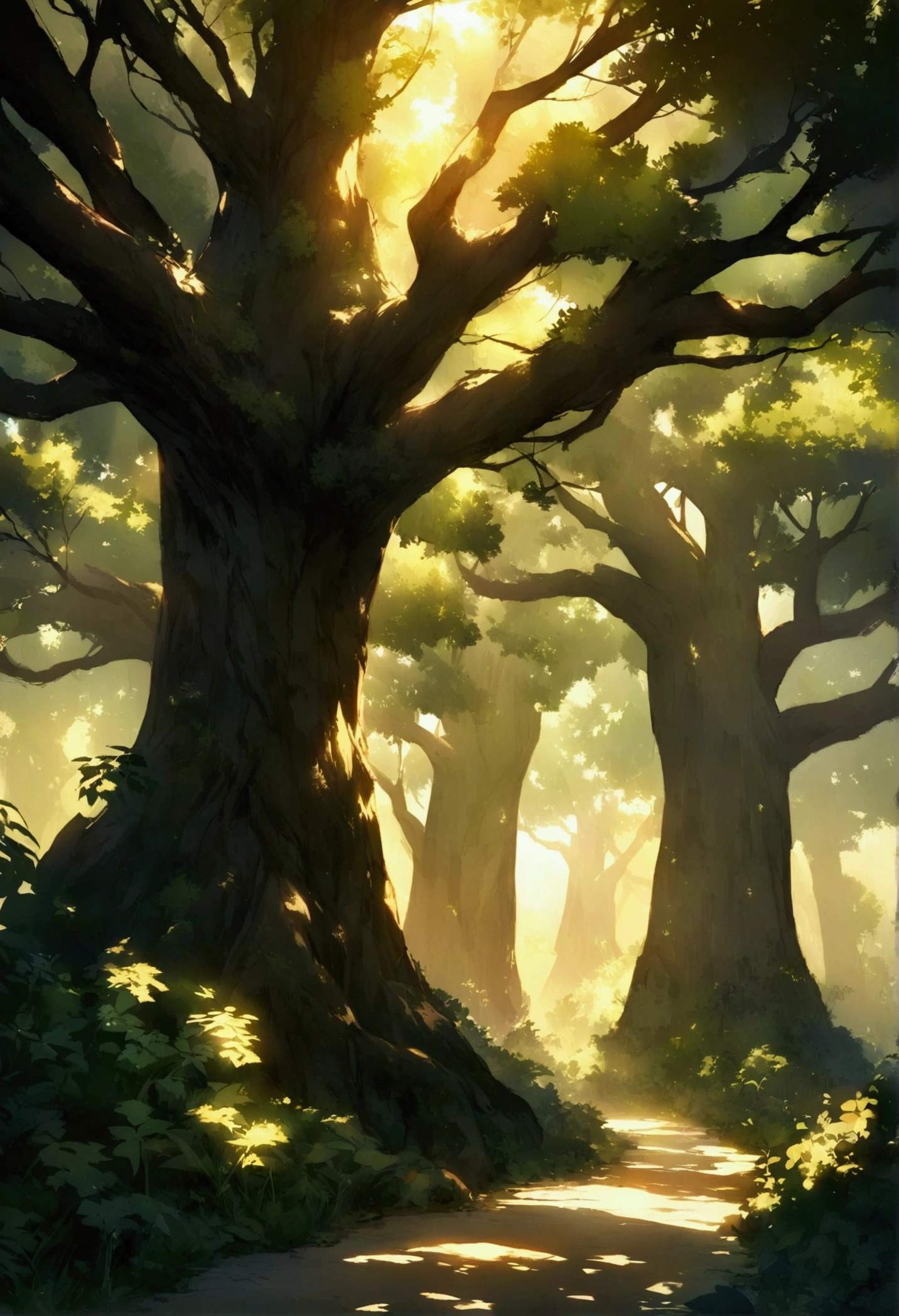 Create stunning digital art，Capture the tranquil beauty of an ancient forest at dusk. The scene should feature towering trees bathed in soft, The golden light shines through the leaves, Casts soft shadows on dense bushes. The image should evoke a sense of serenity and wonder, Immerse viewers in the fascinating natural world.