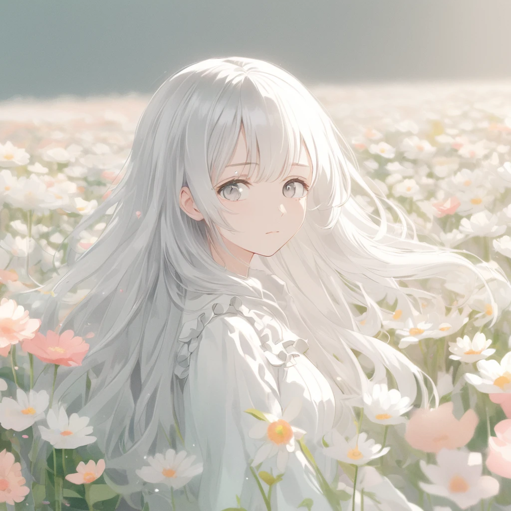 Anime-style female character in a flower field, (Long silver hair:1.2), (Gentle expression:1.1), Silver eyes, One piece with white ruffles,High Resolution Digital Art, Soft color palette, Quiet atmosphere, Soft sunlight