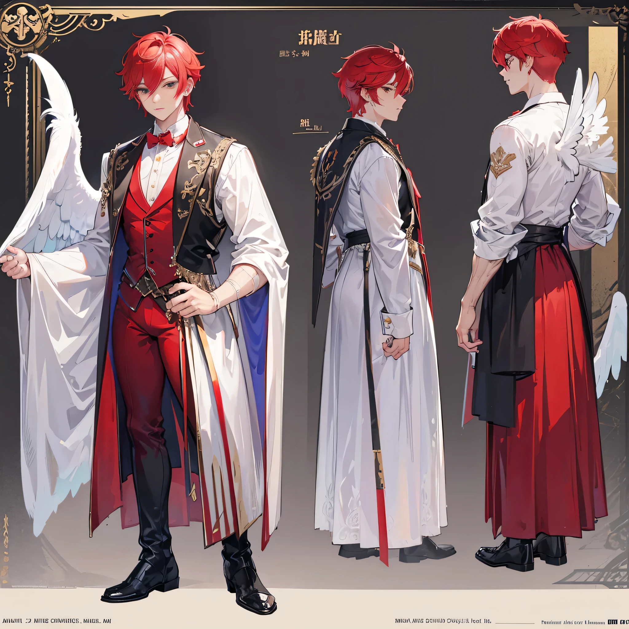 (Masterpiece, best quality), detailed, 1 man, ((character concept art)), ((character design sheet, same character, front, side, back)), full body, body complete, 1 Male angel, 1 Man angel, Detailed face, character design sheet，full bodyesbian, Highly detailed, character sheet, character design, Many parts, dark skin, angel wings, short red  hair, angel outfit, muscle male god, male clothes, masculine, muscle man, male muscle, manly, male angel, Muscle male with short red, hair，beautiful man, beautiful muscle man