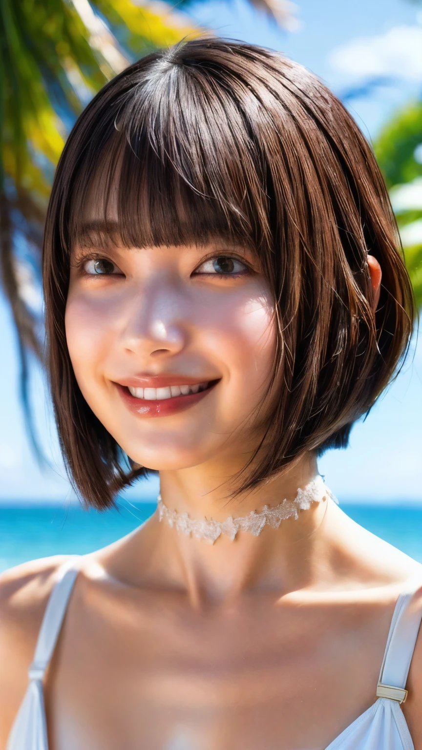 (nsfw:-2),(realistic, photo-realistic:1.4), (masterpiece, best quality:1.2), RAW photo, high resolution, intricate details, extremely detailed, realistic and sharp details, cinematic lighting, portrait, (bust shot, frontal photography, lower angle view:1.5), solo, 1girl, a 24 years old Japanese female idol, seductive pose, dark hair, (bowl cut hair, blunt bangs:1.3), (detailed face, beautiful detailed eyes, symmetrical eyes, beautiful pupils, sophisticated nose, cheerful grin), pale skin, collarbone, (tiny breasts, flat chest), (seductive bikini, tiny bra, tiny thong, thin strap, sleeveless, choker, jewelry), photo background, outdoors, tropical beach,,[Rei Ozono]