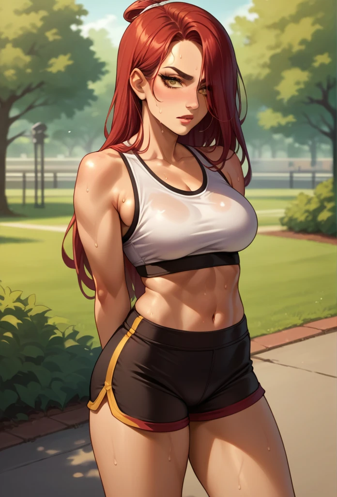 score_9, score_8_up, source_anime, 1girl, solo, JuneAvatar, makeup, red hair, hair over one eye,gold eyes,super long hair, sports bra, shorts, tight shorts, sweat, outdoors, park scene, arms behind back, 