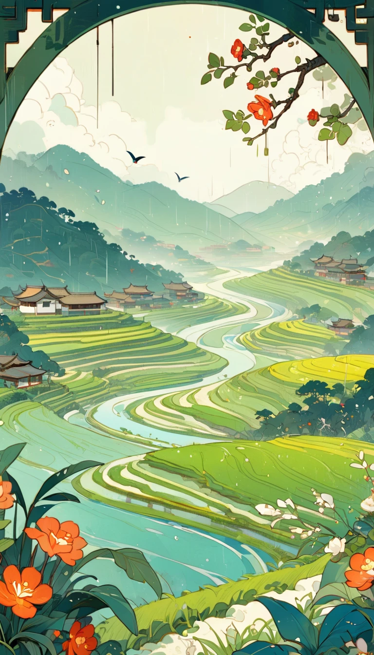 Qingming Festival Chinese countryside, plants and flowers, swallows, wicker, rice field, light rain, river, bright, spring green, bright background, blank at the top of the frame, flat illustration, Victo Ngai style