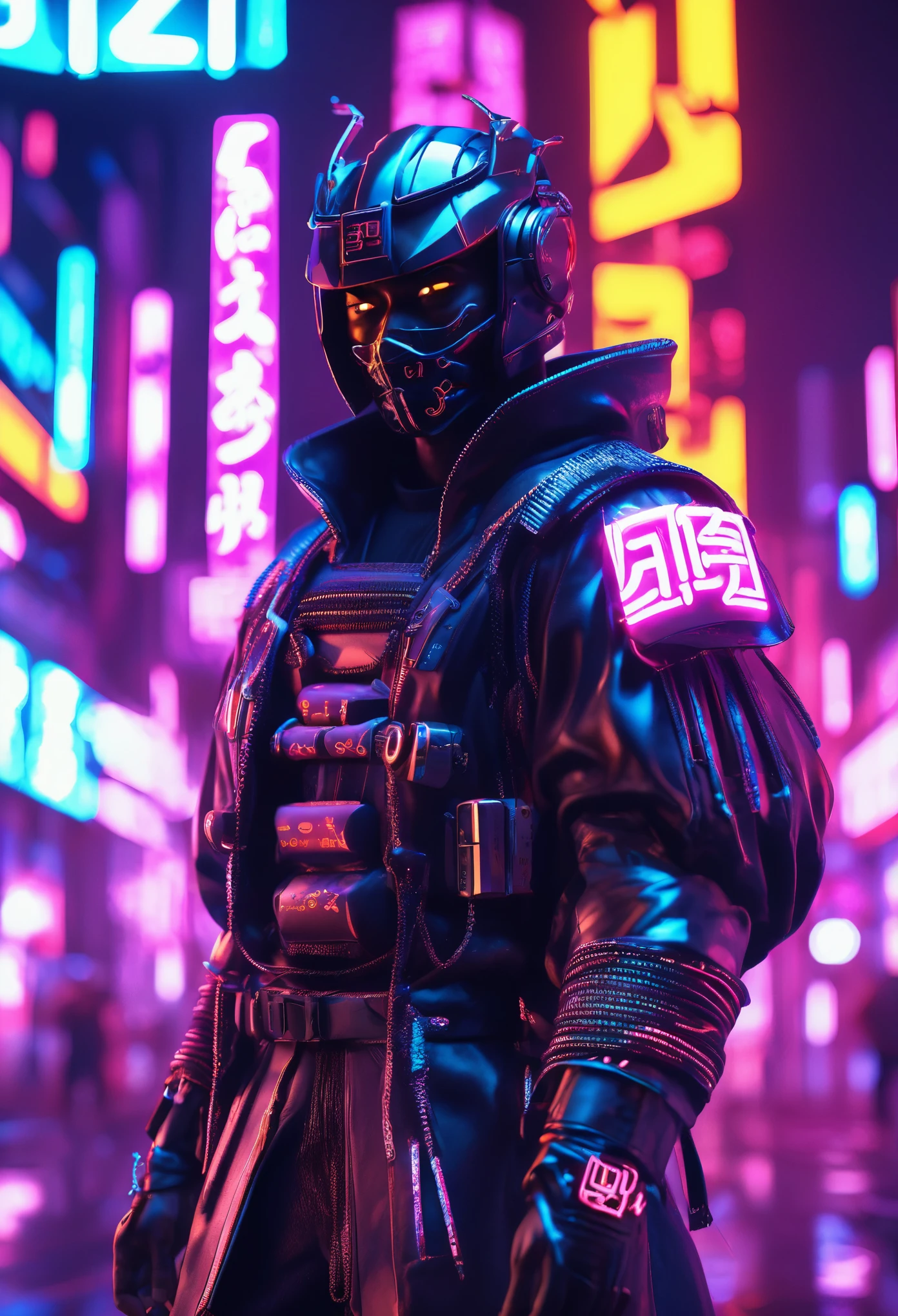 a black samurai in a cyberpunk city with neon lit 3d Japanese alphabets in air floating around him, cinematic scene, 32k, ultra HD with beautiful cinematic lighting  ultra HD,  hyper-realistic images, 32k, beautiful and vibrant images.