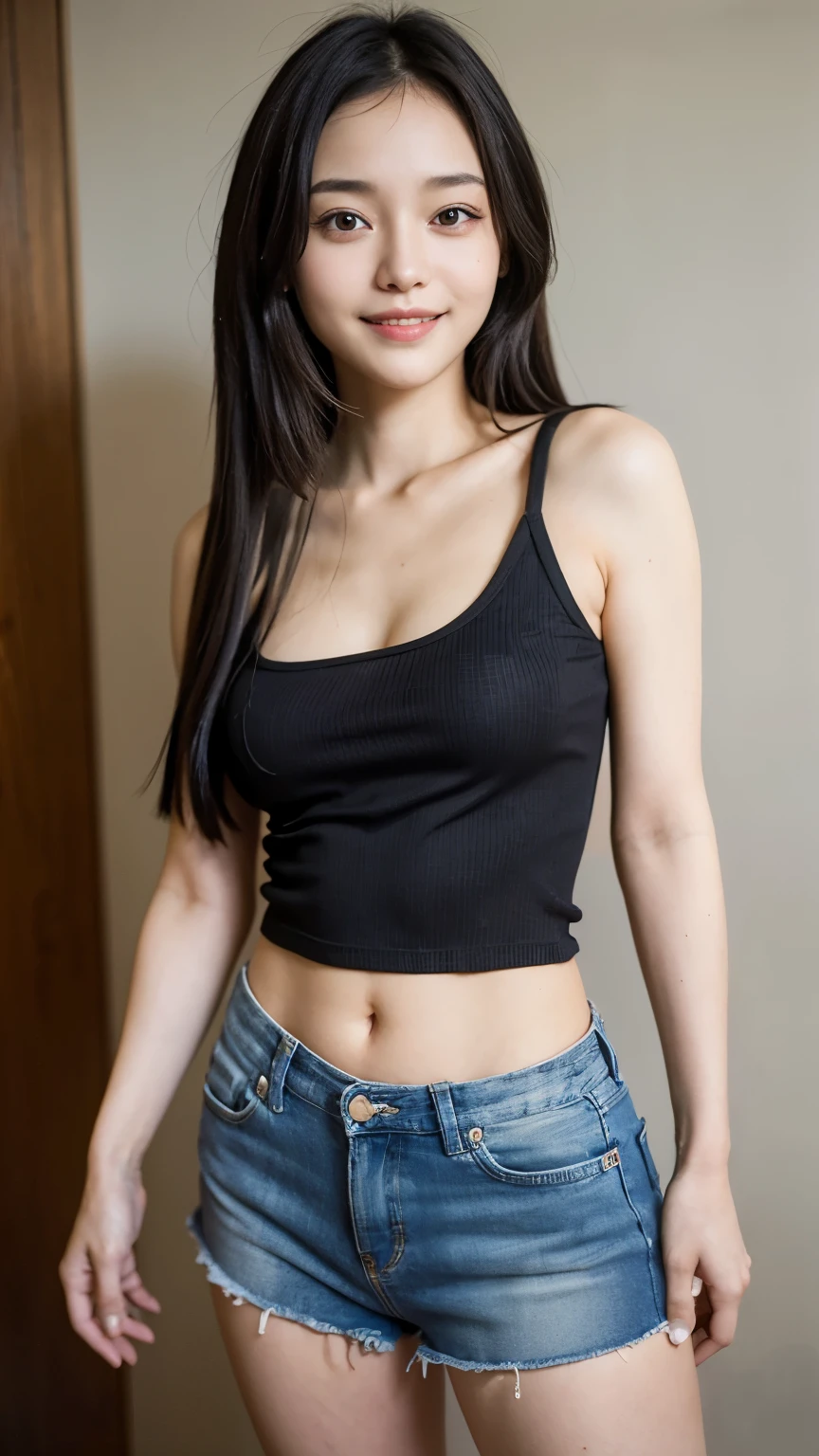 ((masterpiece)), ((best quality)), ((ultra-detailed)),((hyperrealistic)),shiny skin,1girl,(japanese,cute girl),(forehead),black hair,long hair,black big eyes,12 years old,(fullbody shot),small breasts,flat chest,tanktopnavel,miniskirt,smile,from below,standing,