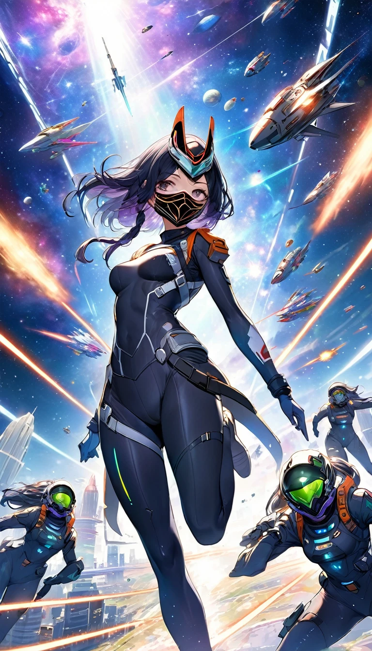 beautiful space Squadron girl, beautiful face hidden by metal plated cool mask, covered in tattoos, great proportion, tight fitting combat uniform, background invertebrate-like enemy group, destroyed space city, galaxy, iridescent cosmic rays, 2.5D, delicate and dynamic, art