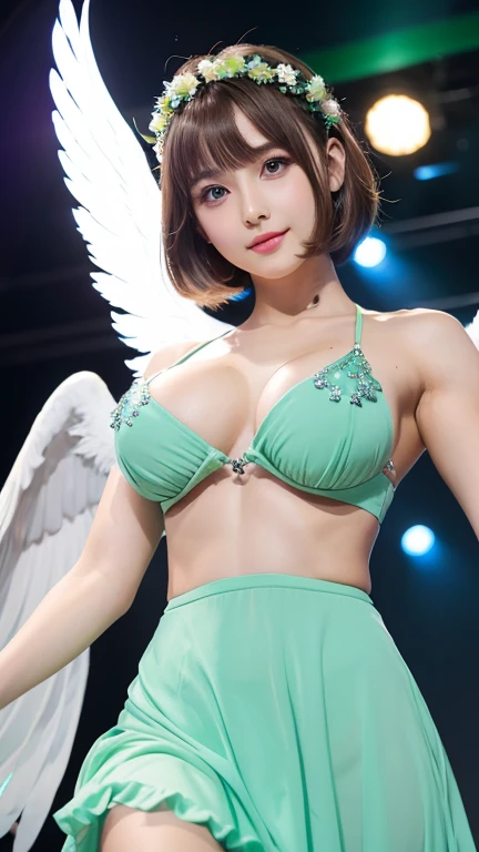 Highest quality, Friendly atmosphere, Twin Angels, cute, White Wings,Glare, Very short brown hair, Blue-eyed person, Green-eyed person, Dresses in different colors, Flower Hair Ornaments, Upper Body, Looking at the audience, space, Light,(Big Breasts:1.275),(Abdominal muscles:1.025)