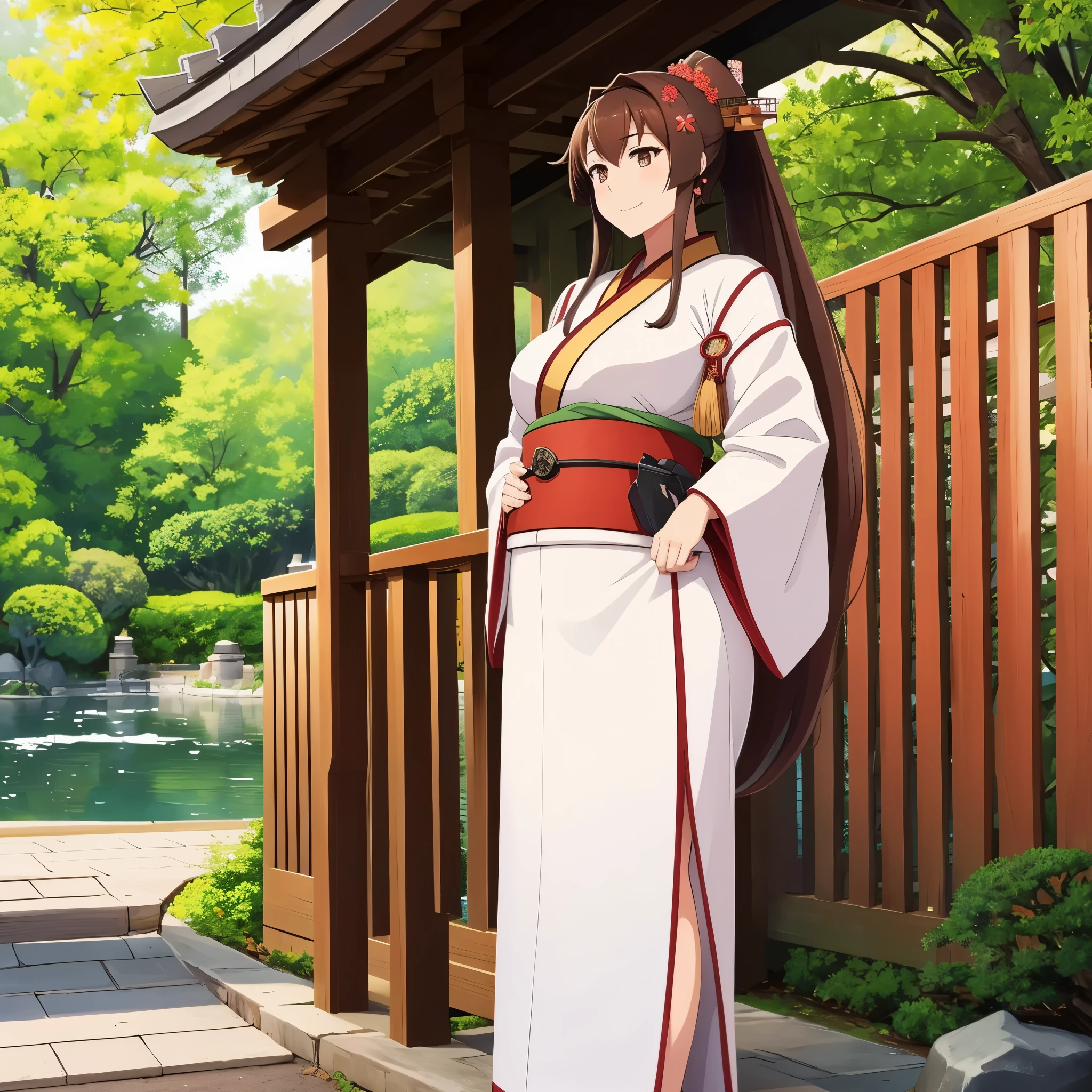 A woman wearing a white kimono, long-sleeved kimono, long-skirted kimono, red flower designs on the kimono, large breasts, wearing earrings with the Japanese red sun flag, brown hair, long hair, ponytail hair, flowers in her hair , brown eyes, perfect face, perfect eyes, smiling, standing posture, wooden shoes, on a stone sidewalk, Japanese garden location with traditional Japanese gazebo, trees in the background, lawn, daytime location, Kantai_Collection, IJN_Yamato, close view, alone woman.
