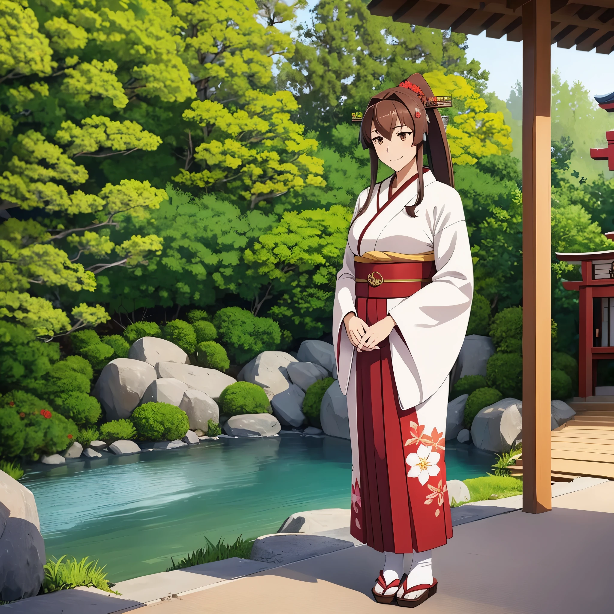 A woman wearing a white kimono, long-sleeved kimono, long-skirted kimono, red flower designs on the kimono, large breasts, wearing earrings with the Japanese red sun flag, brown hair, long hair, ponytail hair, flowers in her hair , brown eyes, perfect face, perfect eyes, smiling, standing posture, wooden shoes, on a stone sidewalk, Japanese garden location with traditional Japanese gazebo, trees in the background, lawn, daytime location, Kantai_Collection, IJN_Yamato, close view, alone woman.
