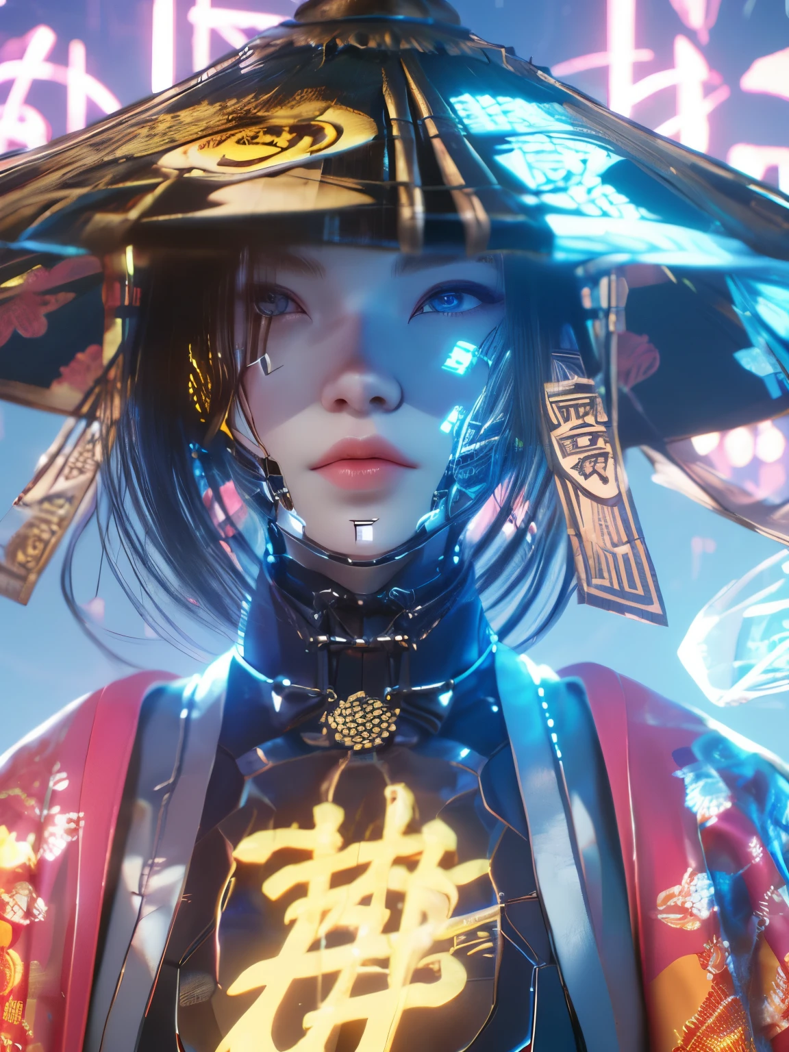 showy, Neon lights,baby pink, yellow baby, the payment, white, cyberpunk beauty ,1 girl, artist name ,black fur ,blue eyes, layer ,Closed mouth ,copyright name, glowing, has, jewelry ,Lips ,looking at the viewer, magic, magic circle, collar ,Neon lights, ofuda ,outdoor, short hair, Alone, Upper part of the body ,bamboo has ,cyberpunk, 3D, Neon light, Bagua ,Tai Chi ,future technology ,glow, glow effect ,High detail ,Best Quality, Tang Dynasty clothing, Hanfu