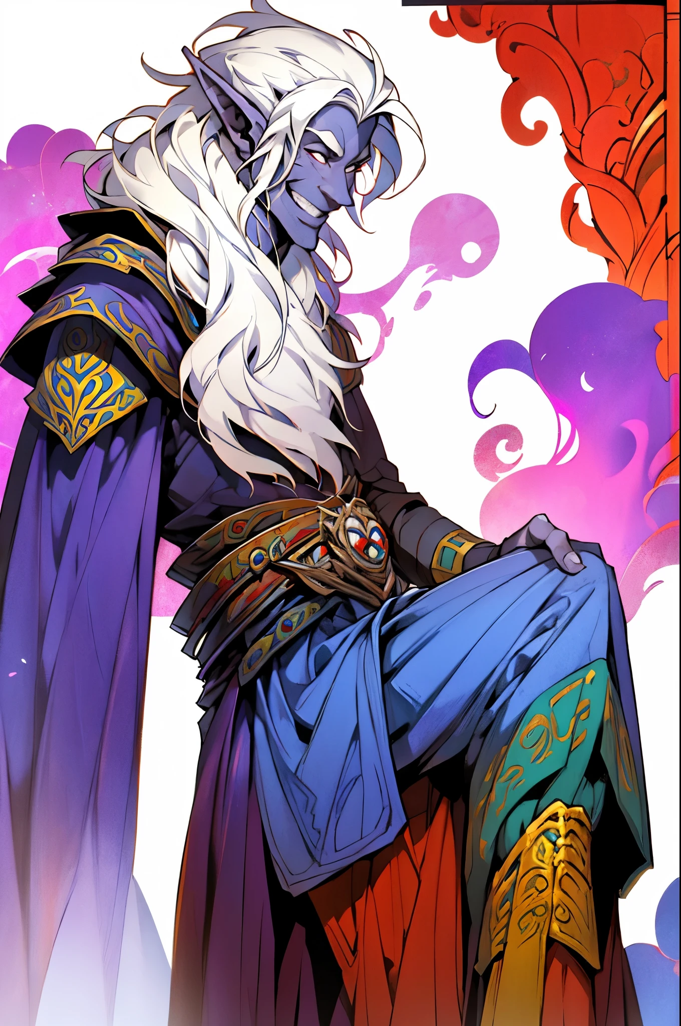 King Bumi x Jester, Goofy smile, pointy ears, elf, mature ((((59 years old)))), white hair, drow,