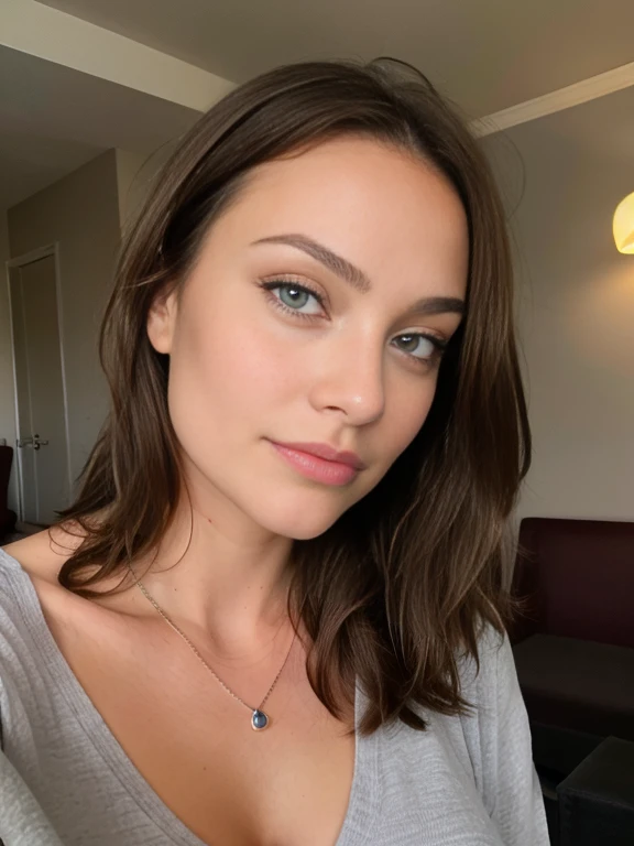 Jolie belle brune en vêtements décontractés un autophoto (gray has) (in a hotel), autophoto, low cut, Very detailed, huge breasts, 13 years, innocent face, short and naturally straight hair, blue eyes, High resolution, boss&#39;Works by&#39;until, Best Quality, intricate details, Very detailed, sharp focus, detailed skin, texture de peau realist, texture, detailed eyes, professional, 4k, lovely smile, taken with Canon, 85mm, Slight depth of field, Kodak Vision Color, perfectly fitted body, extremely detailed, Photography_\(ultra\), photographiquerealist, realist, Post treatment, maximum details, roughness, real life, ultrarealist, photorealism, Photography, 8k uh, Photography