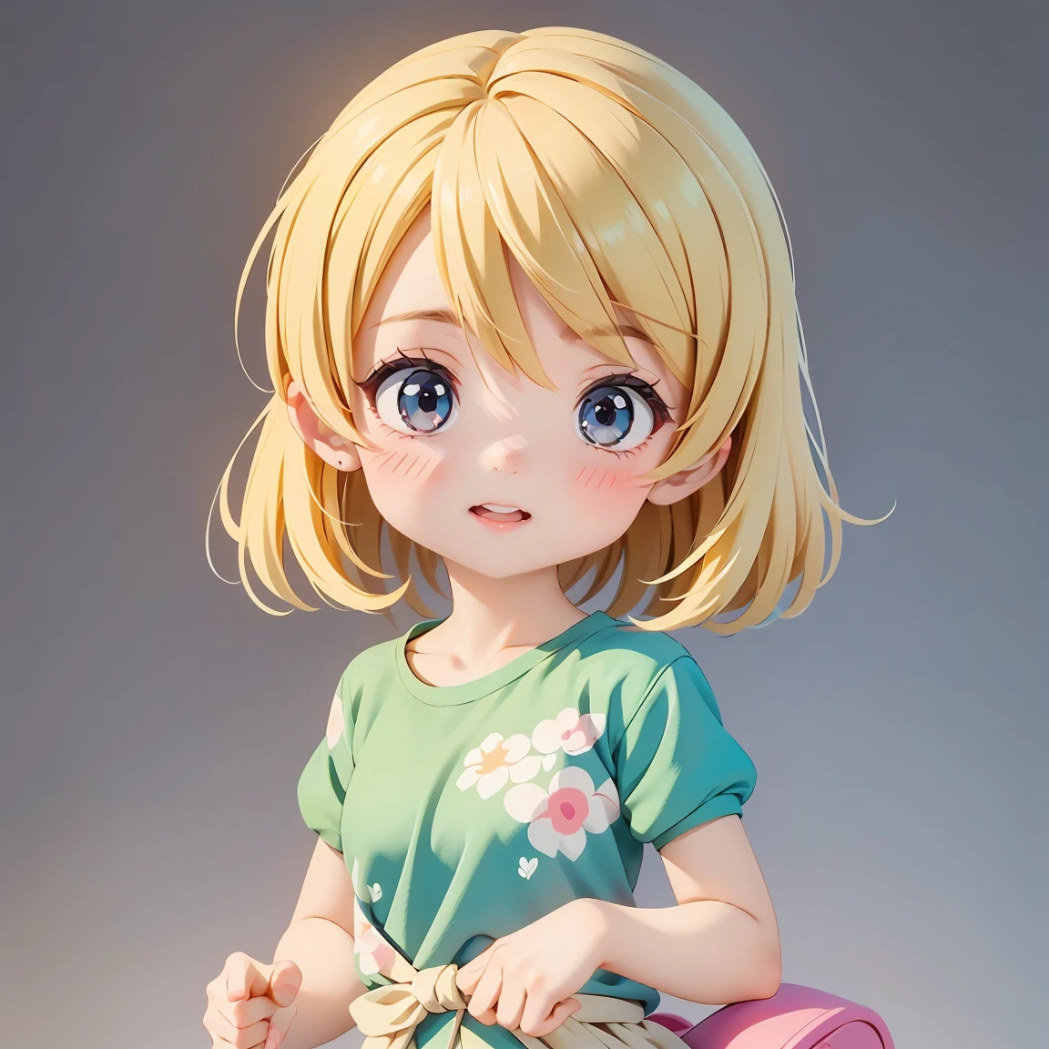 Super Chibi Character:1.8、wearing cute sandals、All-over simple and light color background:1.8、Blonde Hair、Cute 7 year old girl、Random cute outfits、Short legs、Sandals with ribbon、Looks like fun:1.8、A fun pose:1.8