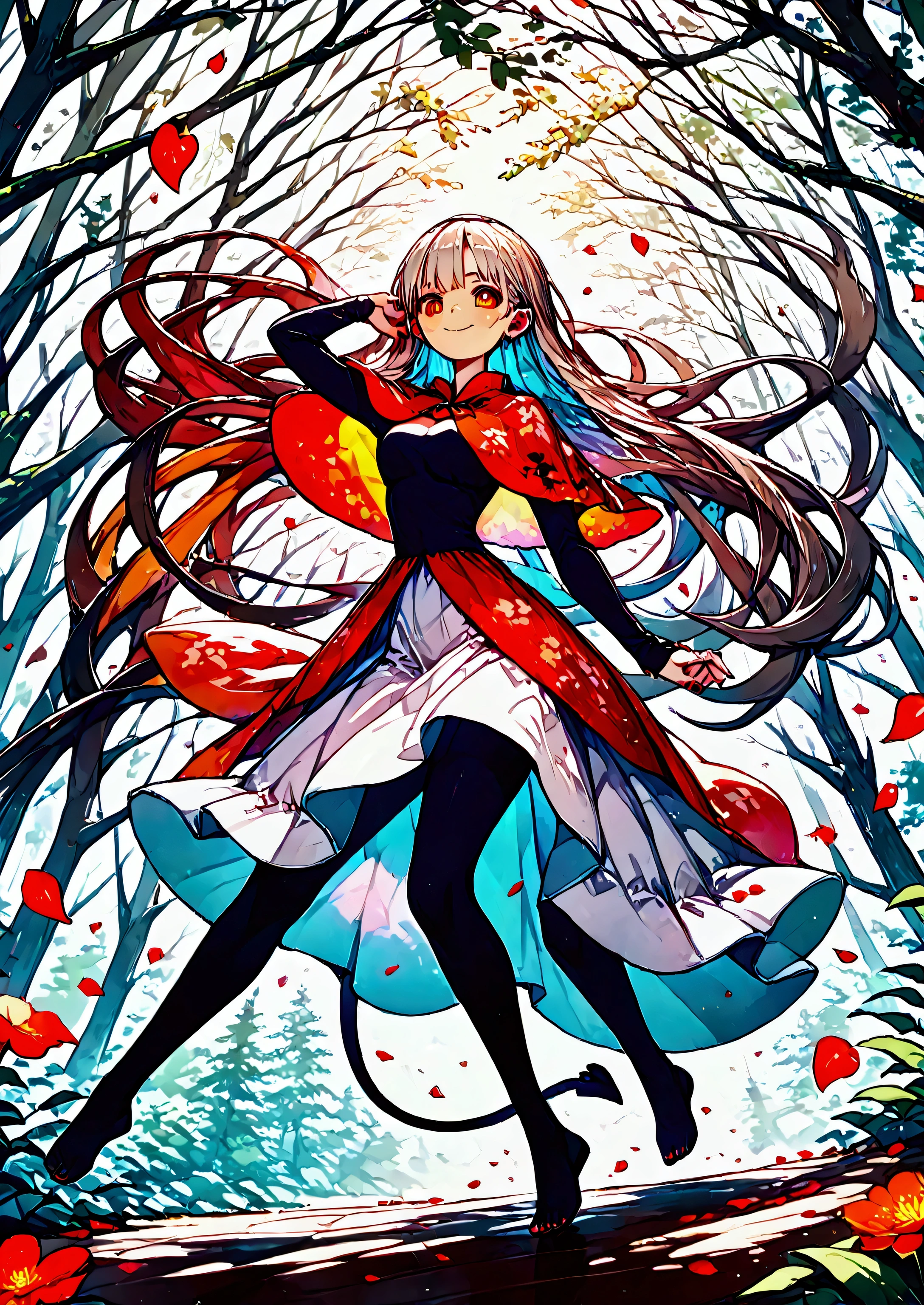 hzk,score_9, score_8_up, score_7_up, score_6_up, score_5_up, score_4_up ,(solo),1girl\((devil:1.6),cute,(dancing:1.4),evil smile,long nail,orange eyes,(looking down herself:1.3),wearing capelet\((very big:1.5),(very long:1.3),(traditional_patterned:1.2)\)\), BREAK ,refreshing mood,(petals\(colorful,beautiful,in the air,big amount\):1.5),(stream of the wind\(beautiful,colorful\):1.5),(dead trees:1.3), in the forest,dappled sunlight