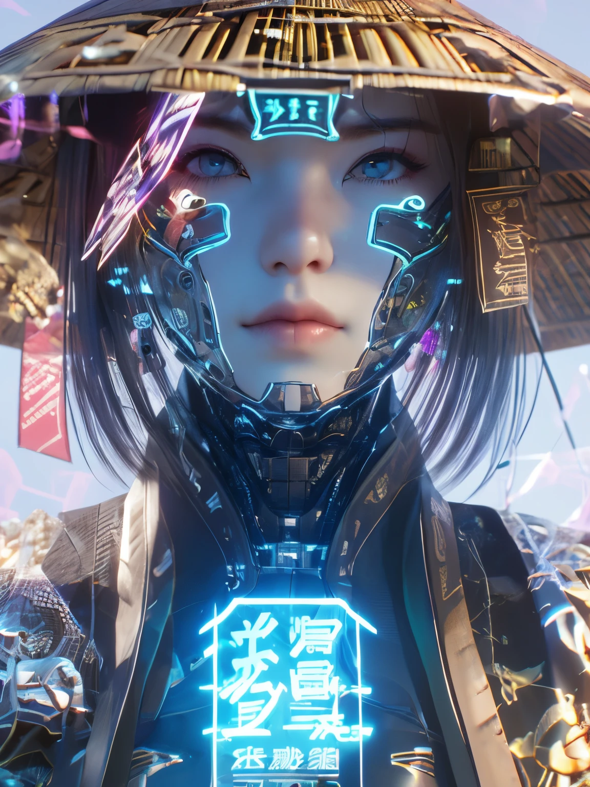 showy, Neon lights, pink, yellow babye payment, white, cyberpunk beauty ,1 girl, artist name ,black fur ,blue eyes, layer ,Closed mouth ,copyright name, glowing, has, jewelry ,Lips ,looking at the viewer, magic, magic circle, collar ,Neon lights, ofuda ,outdoor, short hair, Alone, Upper part of the body ,bamboo has ,cyberpunk, 3D, Neon light, Bagua ,Tai Chi ,future technology ,glow, glow effect ,High detail ,Best Quality, Tang Dynasty clothing, Hanfu