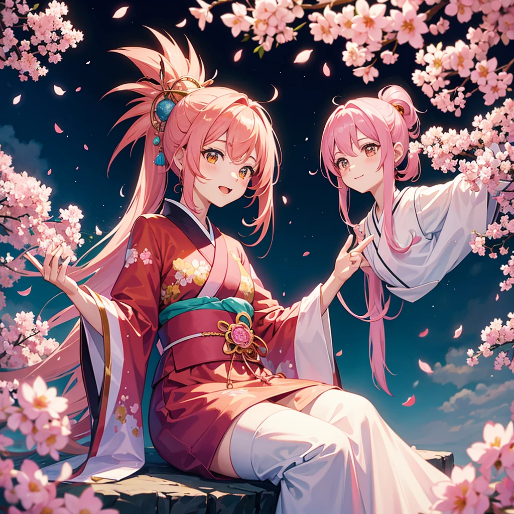 ((((Pink Hair、ponytail、Long Hair　Orange eyes、Shine))))　(((Adult women、slender　Rin々Funny face　Cherry blossom petals)))　((Thimble gloves　kimono、Long-sleeved kimono、Pink and Yellow))　(Red Shoes　Belligerent　Shine背景　Shine縁)