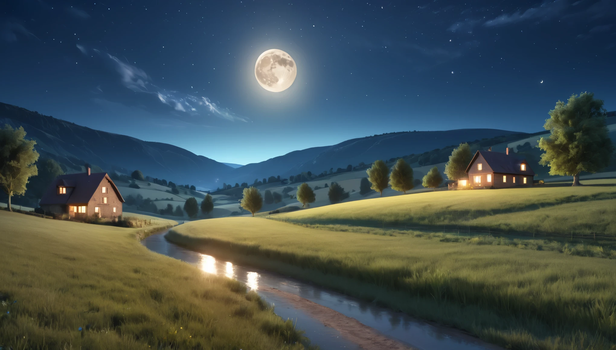 night,countryside,star,moon,Highest quality, 8k, High resolution, masterpiece:1.2, Very detailed, Realistic:1.37, High resolution, 超High resolution, Very detailed, Professional, Vibrant colors